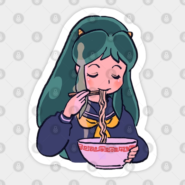 I draw invader lum eating ramen / urusei yatsura alien oni girl Sticker by mudwizard